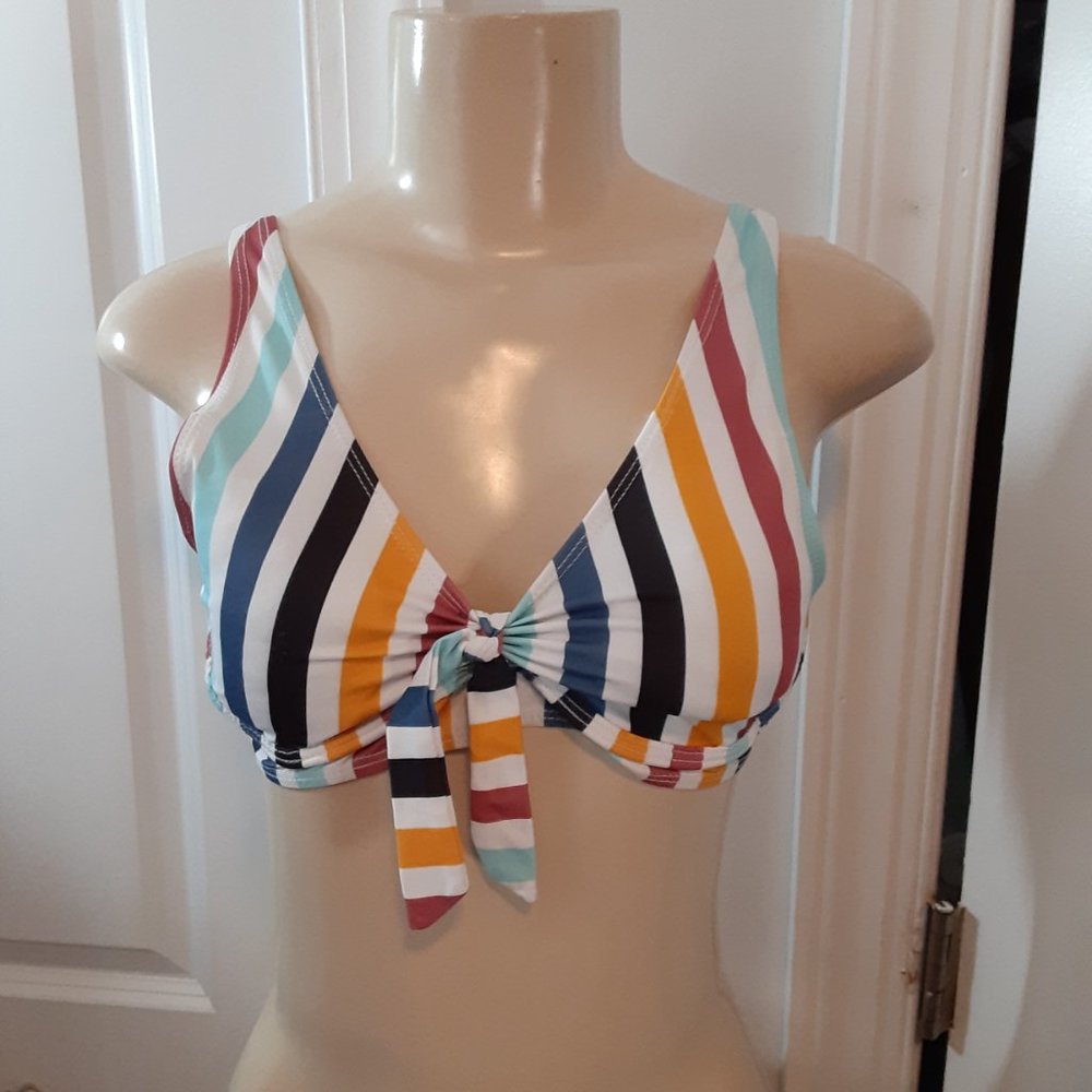 White/Red/Blue/Yellow/Black Multicolored Striped Tie Bust Bikini Top - Picture 4 of 14